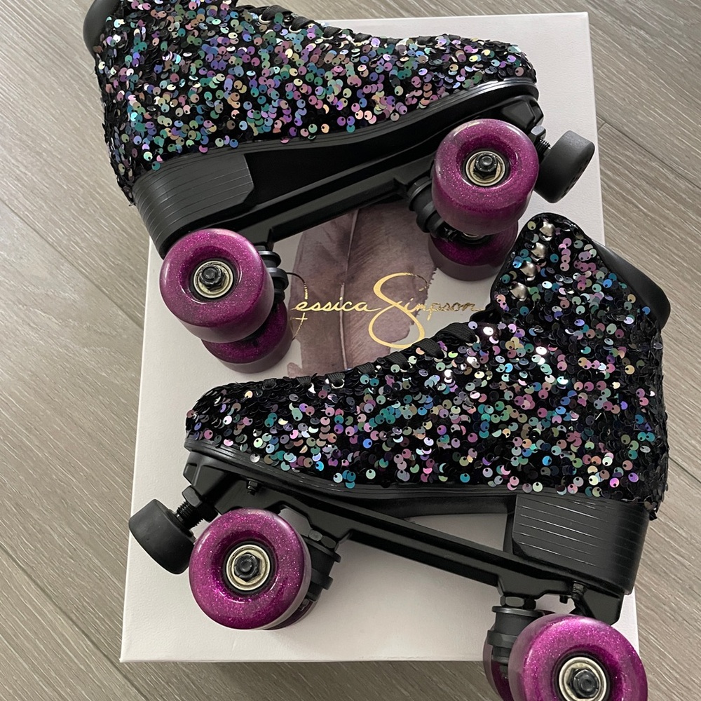 Jessica Simpson Black Sequin Roller Skates with Purple Wheels